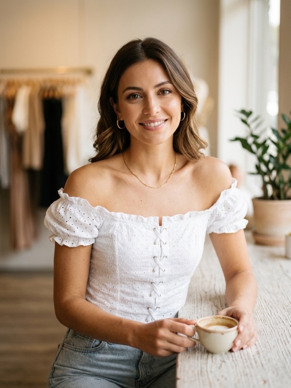Trendyol White Eyelet Lace-Up Puff Sleeve Crop Top